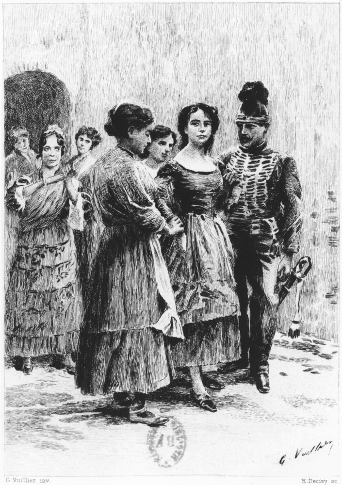 The gypsy heroine Carmen is led away by soldiers after a fight in a cigarette factory