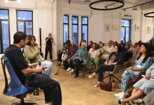 Hend Sabry moderates the first panel discussion alongside poet Salem Masalha. Photo by Heba Moawad