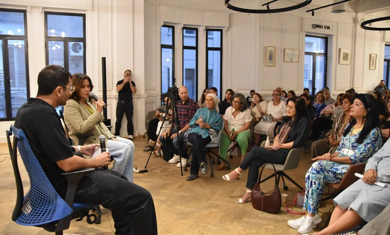 Hend Sabry moderates the first panel discussion alongside poet Salem Masalha. Photo by Heba Moawad