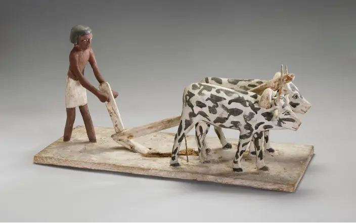 Egyptian wooden sculpture of oxen pulling a plow. Image from the British Museum.